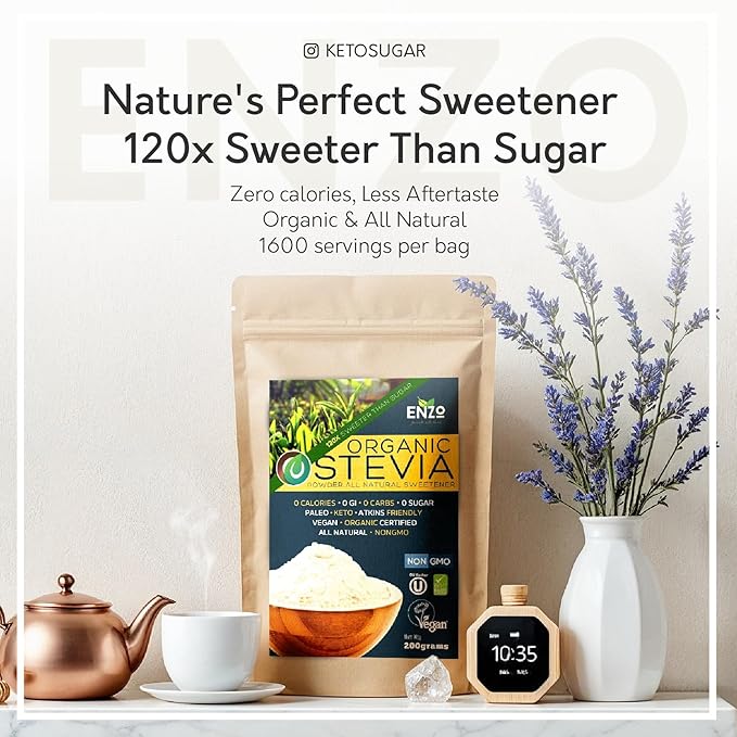 Enzo Easy Use Organic Stevia Powder 200g (7.05oz / 1600 Servings) All Natural Alternative Sweetener 12 x Sweeter than Processed Sugar with No Artificial Additives & Fillers