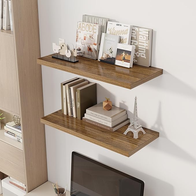 30" Floating Shelves for Wall, 12" Deep Slim Walnut Floating Shelves, Wall-Mounted Shelves for Bedroom, Living Room, Kitchen, Bathroom - Set of 2