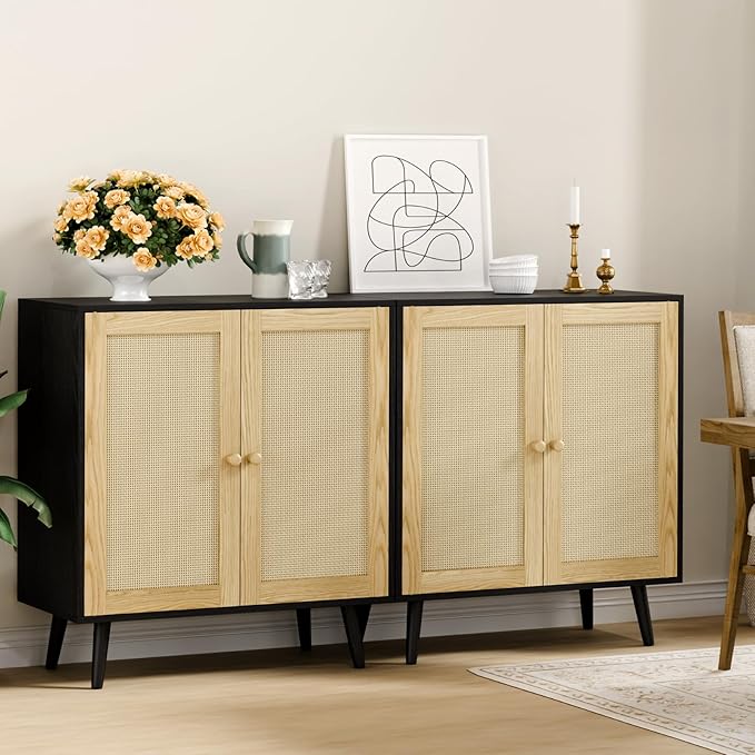Rattan Sideboard Buffet, Accent Cabinet Cupboard Console Small Cabinet with Doors and Adjustable Shelve for Kitchen & Entryway Storage, Black