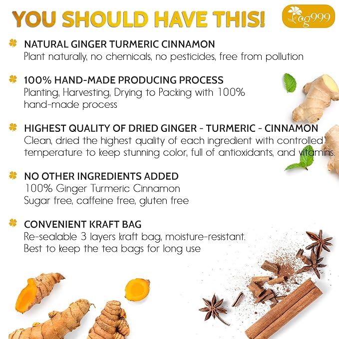 TOG999, Premium 20 Tea Bags Turmeric, Ginger, Cinnamon, 100% Natural, Hand-made Blend of Turmeric, Ginger, and Cinnamon Herbal Tea. Eco-conscious Tea Bags. No Sugar, No Caffeine, No Gluten, Vegan.