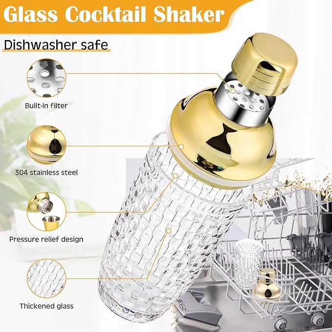Pickmesh 9 Pcs Cocktail Shaker Set 13 oz Glass Cocktail Shaker with Built-in Strainer, 2 Martini Glasses, Shakers Bartending Drink Mixer Set Drink Mixer Gifts for Dad, Boyfriend, Husband (Gold)