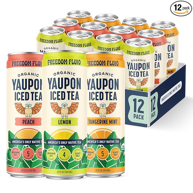 Freedom Fluid Yaupon Iced Tea – Refreshing & Slightly Sweet Organic Yaupon Tea – Variety 12 Pack (12 oz cans) – Antioxidant Rich, Natural Caffeine, Low Calorie, Low Sugar Herbal Tea Drink