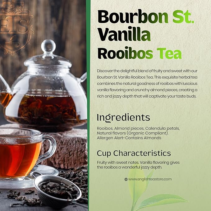 English Tea Store Bourbon St Vanilla Rooibos Caffeine Free Loose Leaf Tea Pouches - 16oz | Smooth South African Rooibos with Sweet Vanilla & Cinnamon Spice | Enjoy Hot Iced or as Rooibos Latte