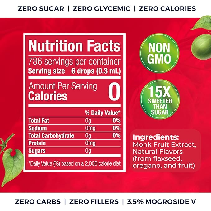 100% Pure Monk Fruit Extract (6 Drops = 1 Tsp of Sugar) Zero Calories, Non-GMO, No Fillers - Liquid Monk Fruit Sweetener No Erythritol by Transparency Foods NEW FORMULA (8oz, 786 servings)