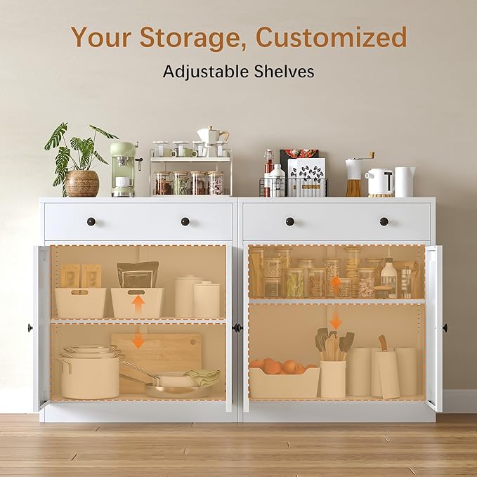 Metal Storage Cabinet with 2 Doors and 1 Drawer，Farmhouse Buffet Cabinet with Storage，32.3" H Coffee Bar Cabinet with Storage for Kitchen, Dining Room, Living Room, White