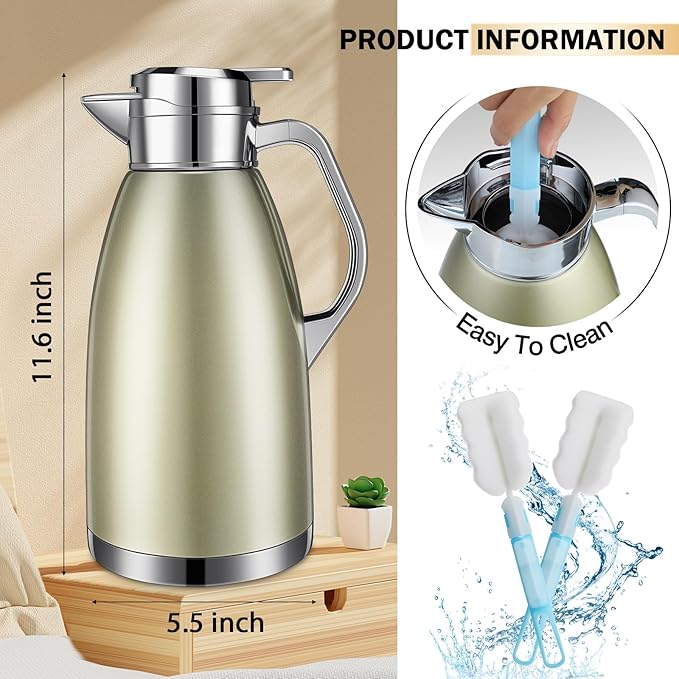 Tioncy 2 Pcs Thermal Coffee 78oz Insulated Carafe Hot Water Dispenser Stainless Steel Carafe for Hot Liquid Coffee Tea Milk with 2 Brushes Keep 12 Hours Hot 24 Hours Cold(Gold)