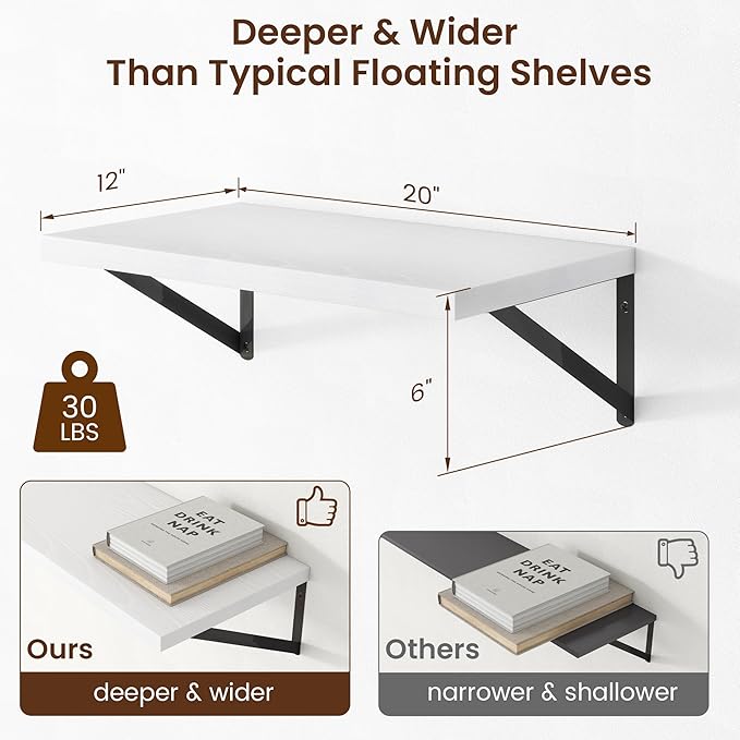 Axeman Deep Floating Shelves - 20 Inch White Floating Shelves Set of 2-12 Inch Deep Wood Wall Shelves for Living Room Bathroom Kitchen
