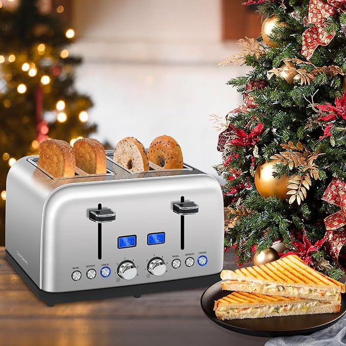 SEEDEEM Toaster 4 Slice, LCD Display, 6 Shade Settings, 1.5'' Wide Slots, Digital Stainless Toaster for Bagel, Defrost, Reheat, Dual Control, Removable Crumb Tray, 1500W, Silver Metallic