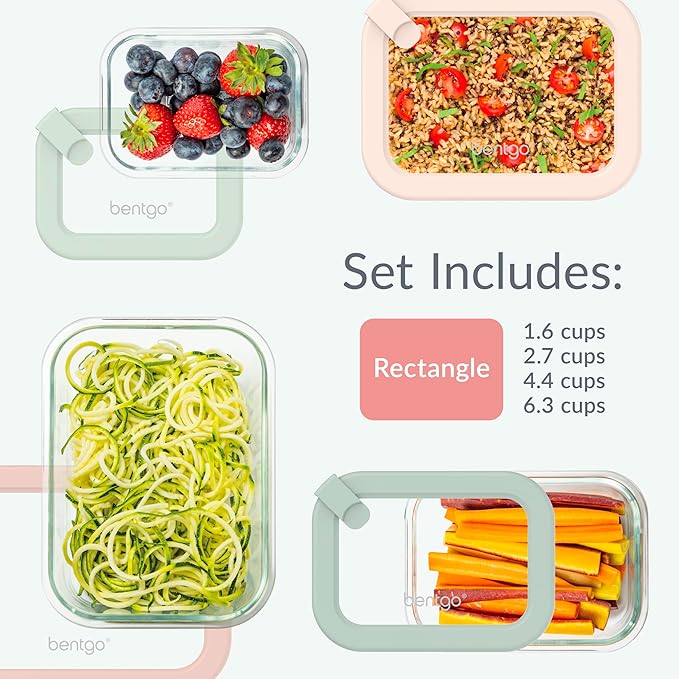 Bentgo Signature Leak-Proof Glass Food Storage - 8-Piece Set, 1-Compartment Plastic-Free Containers with Airtight Glass Lids, BPA-Free, Microwave, Freezer, Oven & Dishwasher Safe (Desert Sage)