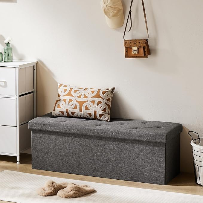 DUMOS 43in Foldable Storage Ottoman Bench, Storage Chest, End of Bed Foot Rest Stool with Padded Seat, Bedroom Bench for Living Room, Support 660lbs, Grey