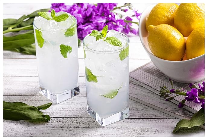 Highball Glasses [Set of 4] + 4 Stainless Steel Straws, 16 oz Lead-Free Crystal Clear Glass, Elegant Drinking Cups for Water, Wine, Beer, Cocktails and Mixed Drinks - Round Top, Square Bottom
