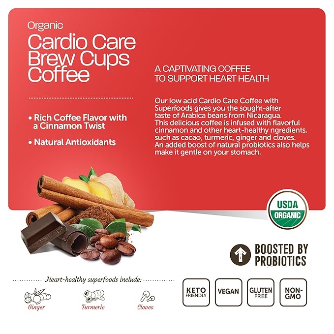 Cardio Care Organic Coffee Pods – Probiotic Coffee with Cacao, Ginger, Turmeric & Cinnamon – Healthy Superfood, Mold Free, Vegan, Gluten Free, everyday dose coffee - 10 Recyclable Single Serve K-Cups - 6 Pack