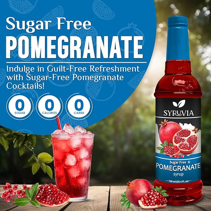 Syruvia Sugar-Free Pomegranate Syrup - 25.4 fl oz. Premium Flavoring Syrup. 0 Calories, Kosher, and Gluten-Free. Ideal for Enhancing Tea, Italian Sodas, Beverages, Desserts, Ice Cream, Cocktails, and Mocktails.