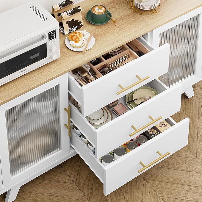 CABIHOME Buffet Cabinet, 56" Sideboard Buffet Storage Cabinet with Adjustable Shelves and Fluted Glass Door, Modern Coffee Bar, Table for Kitchen, Dining Room, Natural