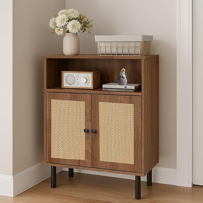 Rattan Storage Cabinet, Boho Accent Cabinet with Double Doors, Small Freestanding Sideboard for Hallway, Laundry Room,Kitchen, Dining Room, Entryway(Walnut)