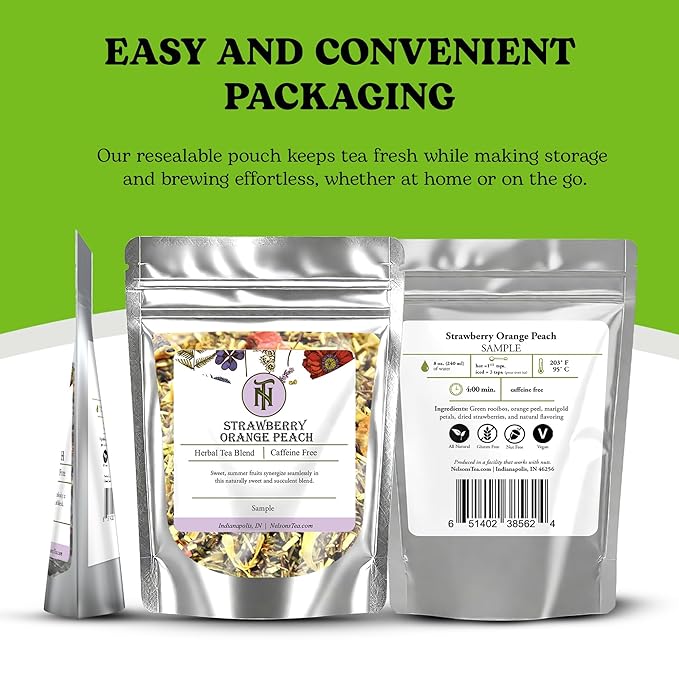 Nelson's Tea Strawberry Orange Peach - Caffeine Free Herbal Rooibos Loose Leaf Tea - Irresistable Blend of Green Rooibos, Orange Peel, Marigold and Strawberries - Fruit Loose Leaf (Sample 0.4 Oz)