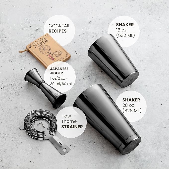 Mixology Cocktail Shaker Boston Shaker Set Professional Weighted Martini Shakers, Strainer and Japanese Jigger, Portable Bar Set for Drink Mixer Bartending, Exclusive Recipes Cards (Gun-Metal Black)