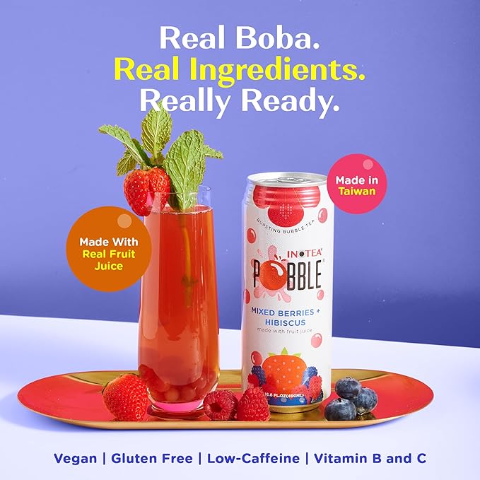 Inotea Pobble Bursting Bubble Tea - Refreshing Taiwanese Canned Boba with Popping Pearls - Ready-to-Drink Boba Tea - Enjoy Real Boba Without the Long Lines - Mixed Berries + Hibiscus - 12 pack