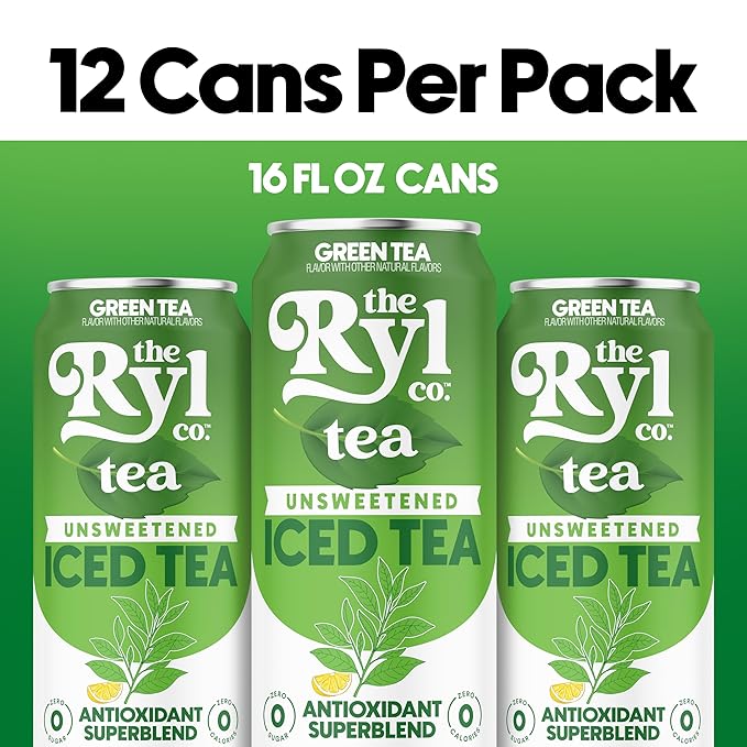 Ryl Iced Tea, Unsweetened Green Tea, Antioxidant Superblend, Zero Sugar, Zero Carb, Zero Calorie Iced Tea, 16.0 Fl Oz (12-Pack)