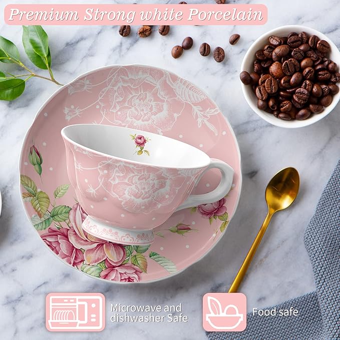 London Boutique Tea Cup and Saucer Set 1 Afternoon Tea Set New Bone China Vintage Flora Gift Box 200m (Pink)