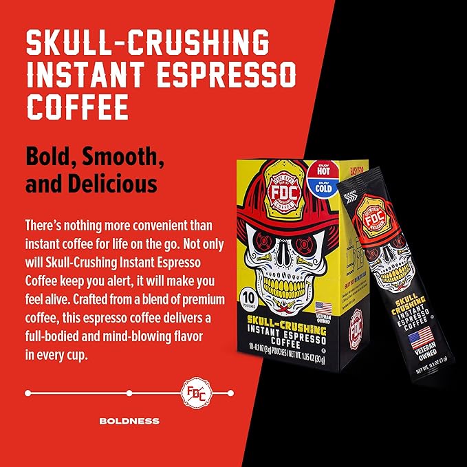 Fire Department Coffee - Skull Crushing Instant Espresso Coffee - Instant Coffee Packets Single Serve - Gives Back to Firefighters - Veteran Owned - Enjoy Hot or Cold (Pack of 30)