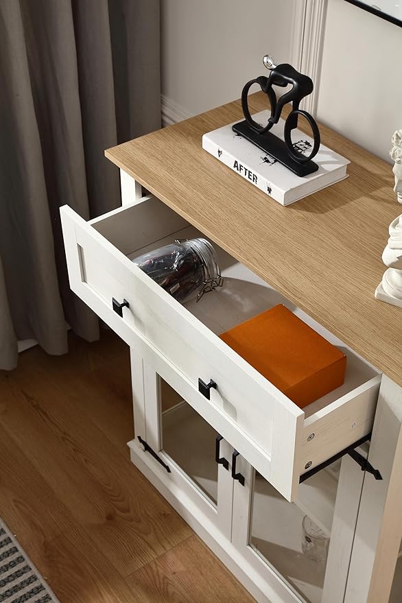 Modern 31.5'' Small Sideboard Buffet Cabinet with Storage,Small Coffee bar Cabinet with a Drawer and Adjustable Shelf,Glass Doors Sideboard Buffet with LED for Kitchen,Antique White