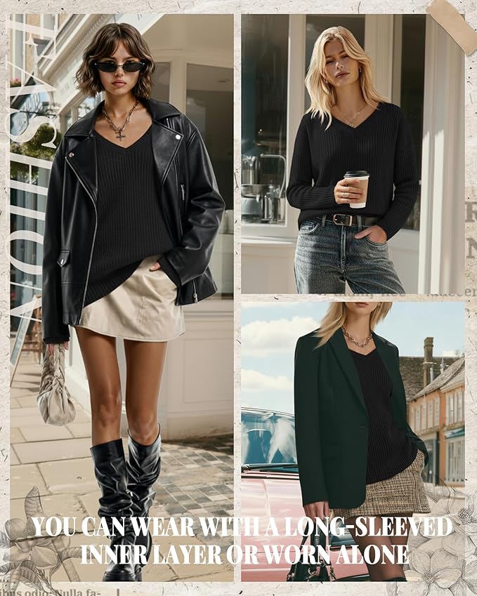 Women's V Neck Sweater Long Sleeve Knit Oversized Shirt Loose Lightweight Fall Casual Pullover Sweater Top