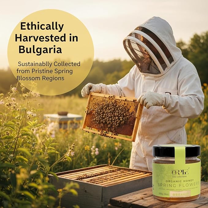 ORPHE Organic Honey Spring Flowers – Clean Simple Natural Sweetener for Coffee, Tea, Matcha and Breakfast, Unheated & Creamed 9oz Glass Jar