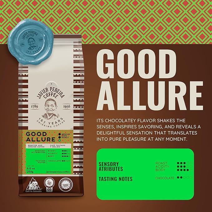Javier Pereira Coffee - Good Allure Colombian Specialty Coffee – 100% Arabica – Medium Roast – Certified Café de Colombia – Ground – with white chocolate notes - 8.8 Oz
