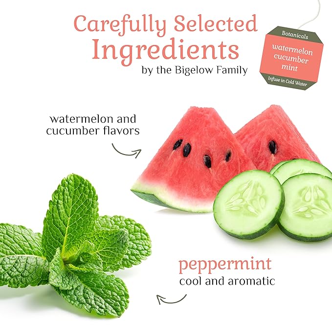 Bigelow Botanicals Cold Water Infusion Watermelon Cucumber Mint, Caffeine Free Herbal Tea with Watermelon, Cucumber and Mint Flavor, 18 Count Box (Pack of 6), 108 Total Tea Bags