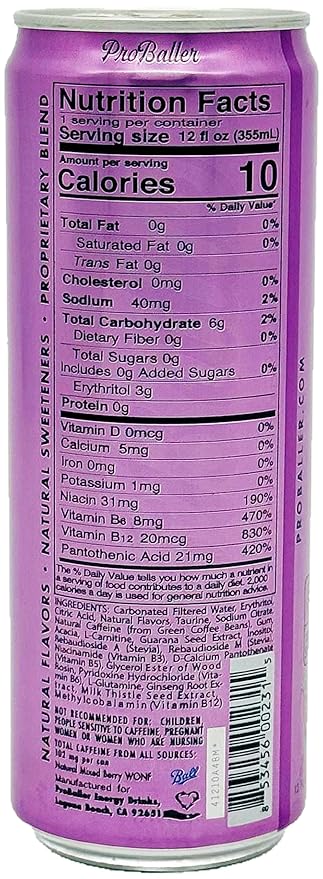 ProBaller Ultra Premium Zero Sugar Energy Drink - Natural & Clean NSF Certified Sport Drink with Amino Acids, Taurine, Biotin, Vitamin B 12 Methylcobalamin, & Electrolytes - 15 Pack - Wild Berry
