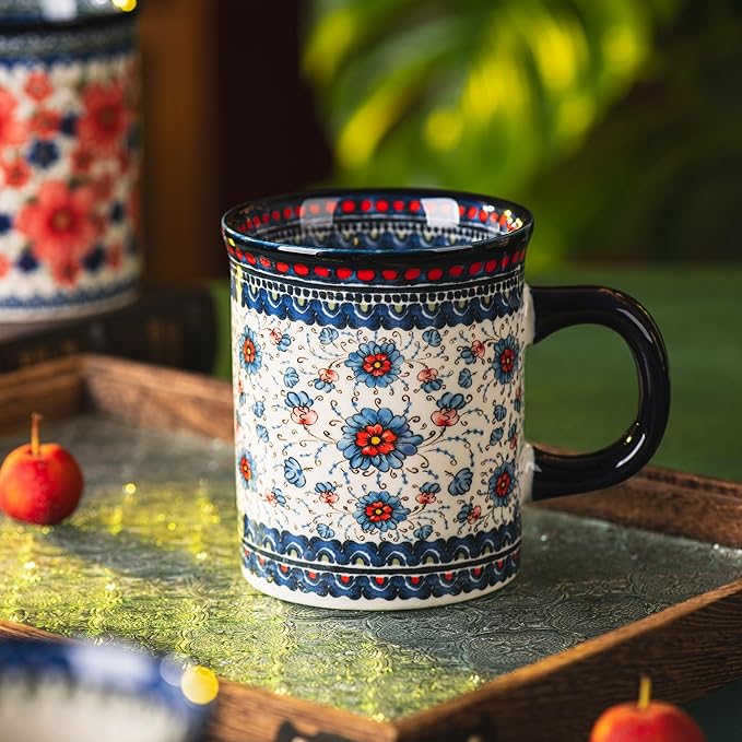 Ceramic Latte Mug Set of 4, 15.5oz Hand Painted Porcelain Coffee Cups With Handle for Tea/Milk/Cocoa - Modern Retro Design For Any Kitchen. Microwave and Dishwash Safe (Blue plasma grass)