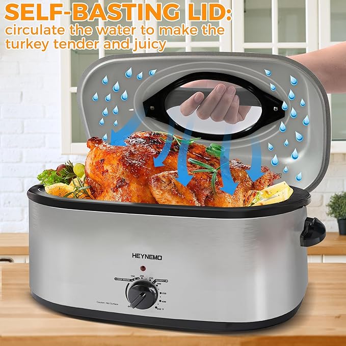 Roaster Oven 24 Quart, Electric Roaster Oven with Viewing Lid, Electric Turkey Roaster Pan with Defrost & Warm Function, Fast-Heating Turkey Roaster with Removable Pan & Rack, Stainless Steel, Sliver