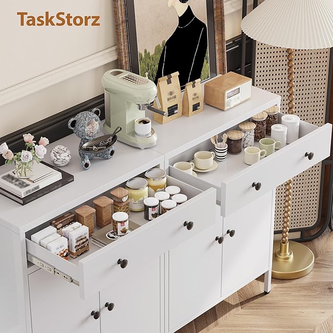 Metal Storage Cabinet with Drawer and Adjustable Shelf, White Steel Sideboard Buffet Cabinet, 35.4" H Coffee Bar Cabinet for Kitchen, Dining Room, Entryway
