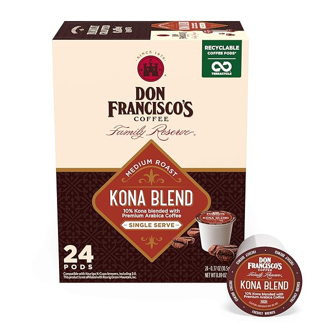 Don Francisco's Kona Blend Coffee - 24 K-Cup Compatible Single-Serve Pods - 10% Kona - Recyclable through TerraCycle - Compatible with Keurig Brewers