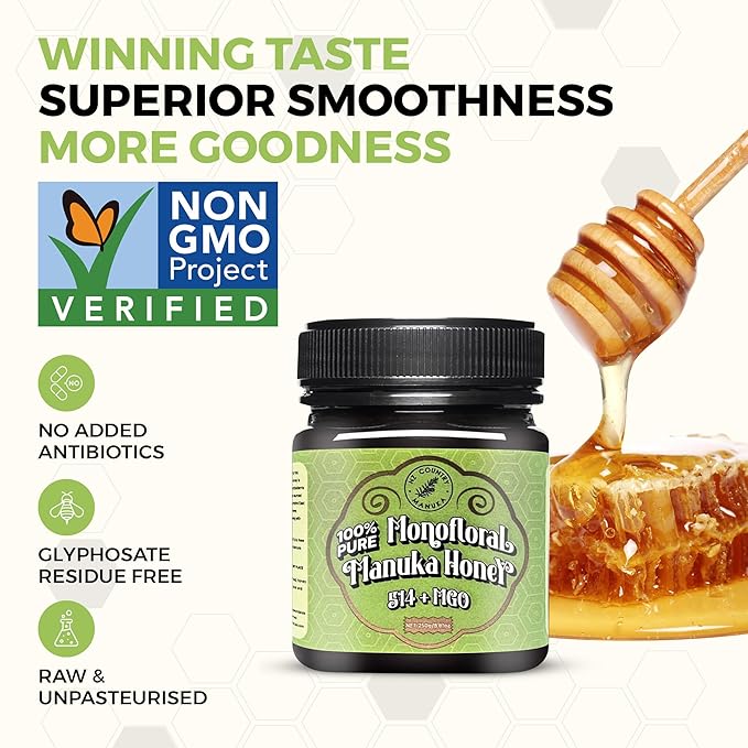 NZ Country East Cape 100% Pure Manuka Honey | Non-GMO Monofloral MGO 514+ | Therapeutic/Food Grade with Internal and External Healing Properties | Unpasteurized and Chemical-Free