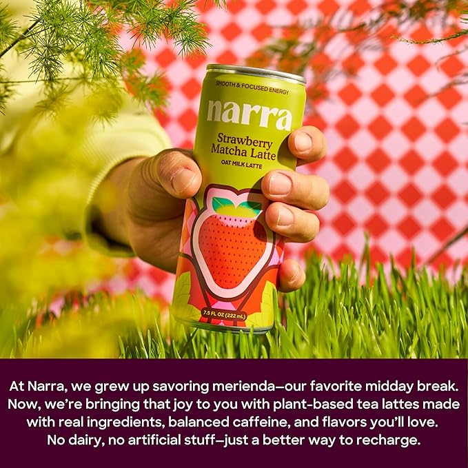 Narra, Oat Milk Tea Latte - Strawberry Matcha Latte, Organic Ceremonial Grade Matcha Natural Caffeine & L-Theanine, MCT Oil, Dairy Free, No Refined Sugar, Non-GMO, 7.5 Fl Oz (12 Pack)