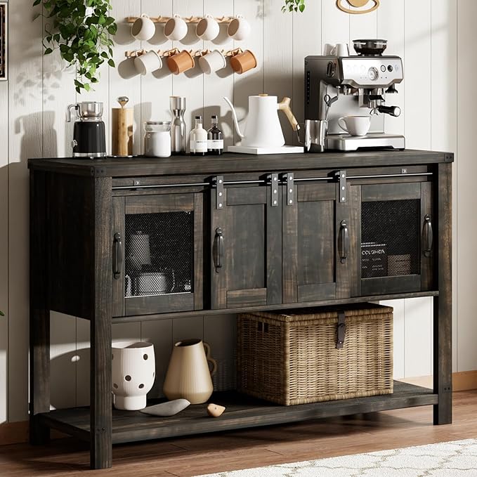 4ever2buy Farmhouse Coffee Bar Cabinet with Storage, 47'' Coffee Bar Table with Sliding Barn Door, Buffet Cabinet with Metal Mesh Doors, Console Table with Bottom Open Shelf, Brown