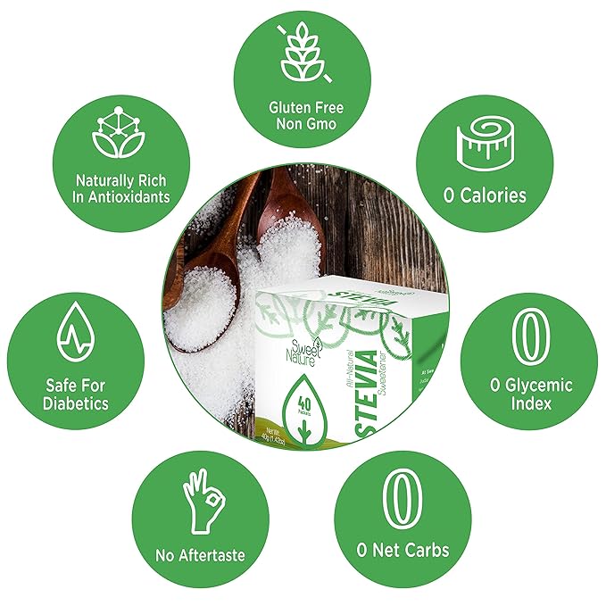 Sweet Nature | Stevia Erythritol Sweetener Powder - Keto Sugar Substitute for Diabetics - Vegan, Low Carb, Healthy, Natural, and Kosher (100 Packets)