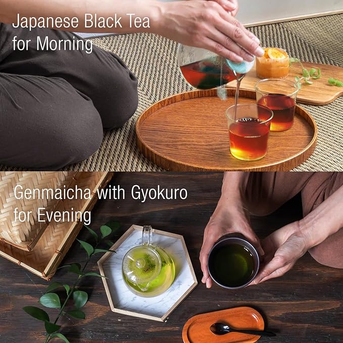 Asayu Japan Green - Timeless Brew Gift Set (Wakocha and Genmaicha with Gyokuro) 30 Tea Bags 100% Made in Japan, Japanese Black Tea and Roasted Brown Tea with Gyokuro Powder - Timeless Brew Japanese Tea Set