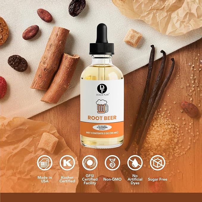 Dolce Flav Root Beer Extract – 2 Ounce Oil-Soluble Kosher, Sugar-Free, Concentrated Classic Root Beer Flavoring for Baking, Chocolates & Desserts, Includes Measured Dropper