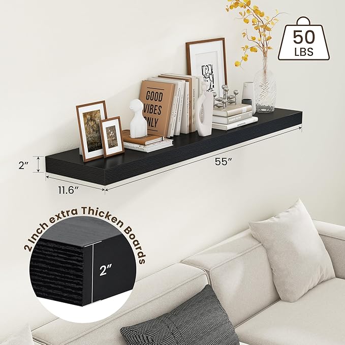 12 Inch Deep Floating Shelves | 55 Inch Black Floating Shelves | 55" W x 12" D Rustic Wood Shelves for Wall | Deep Black Shelves for Living Room Bathroom Laundry Room Kitchen