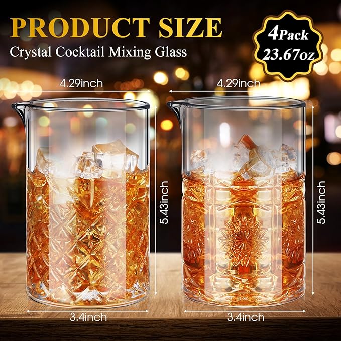 Inbagi 4 Pcs Cocktail Mixing Glass 23.67 oz Martini Cocktail Stirring Glass Thick Bottom Crystal Glasses Stable Mixing Cups for Drinks Bartender Home Bar Accessories Tools