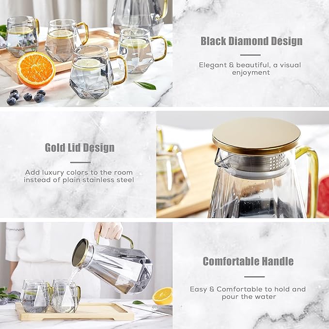 DUJUST Black Diamond Glass Pitcher with Lid [68 oz], Elegant Design Water Pitcher with Handle, Decoration for Room, High Durability Water Glass Carafe for Ice Tea Maker, Beverage, Hot/Cold Coffee