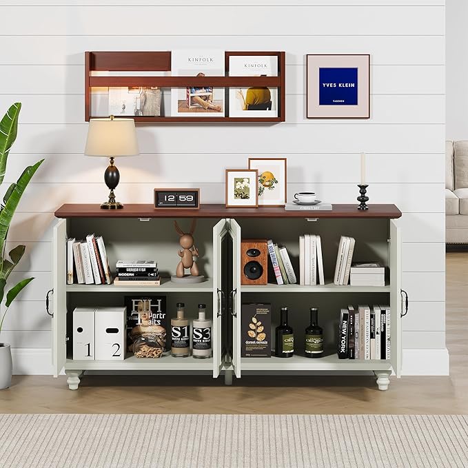59" Sideboard Buffet Cabinet with Storage, Large Retro Credenza with 4 Doors & Adjustable Shelves Wood Rectangular Coffee Bar Table Console for Kitchen, Living Room, Hallway, Entry (Beige)