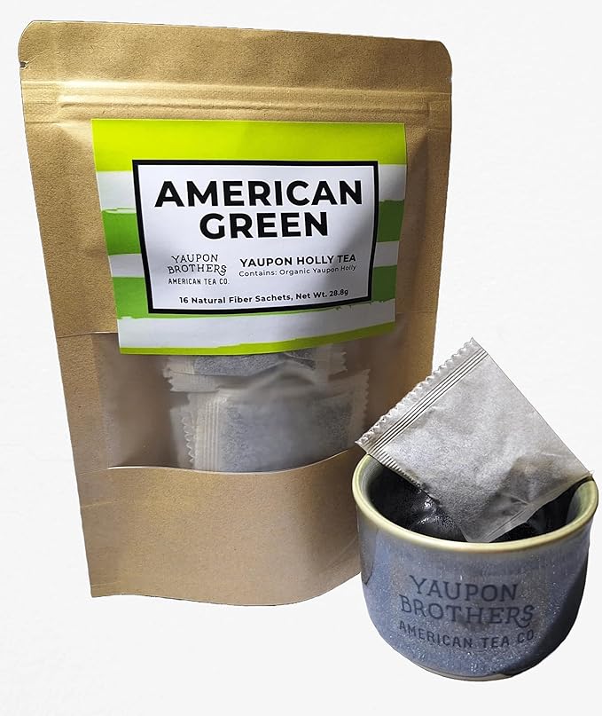Yaupon Brothers American Green Yaupon Tea - 16 Eco-Friendly Organic Green Tea Bags Crafted from Antioxidant Rich Yaupon Organic Leaves - Caffeinated in Fiber Bags