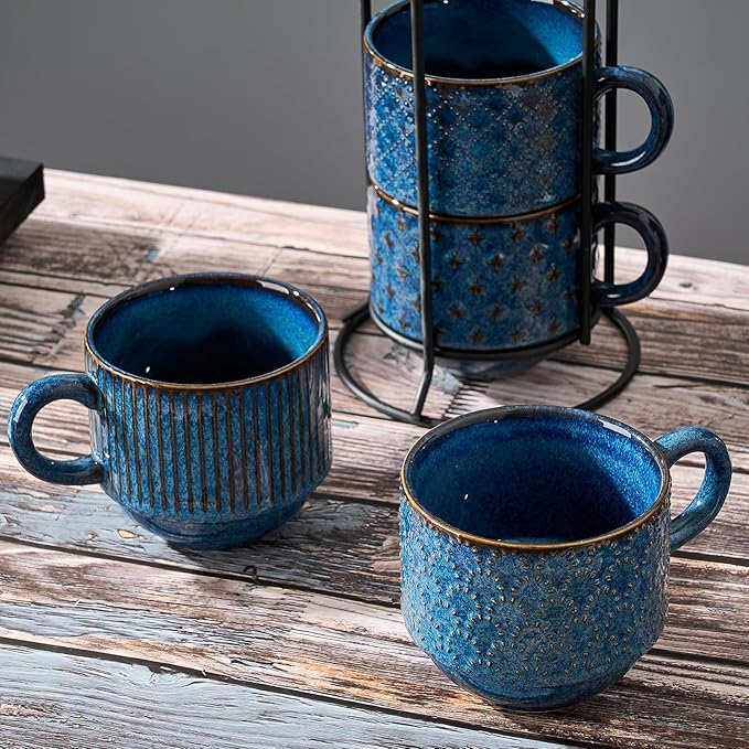 Large Ceramic Coffee Mug Set of 4 with Stand, 15 Oz Stackable Different Embossment Ribbed Latte Cup Set for Cappuccino, Tea, Hot Cocoa, Drinks - Dishwasher & Microwave Safe, Blue
