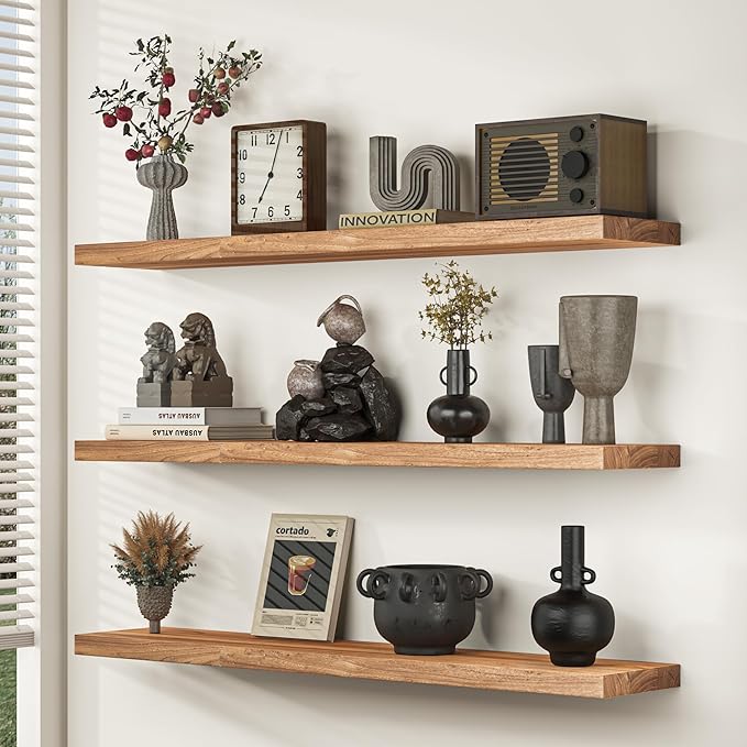 Fun Memories Floating Shelves for Wall Set of 2, Rustic Solid Elm Wood Wall Shelves 24 Inch - Invisible Bracket Mount for Living Room, Bathroom, Bedroom, Kitchen, Natural