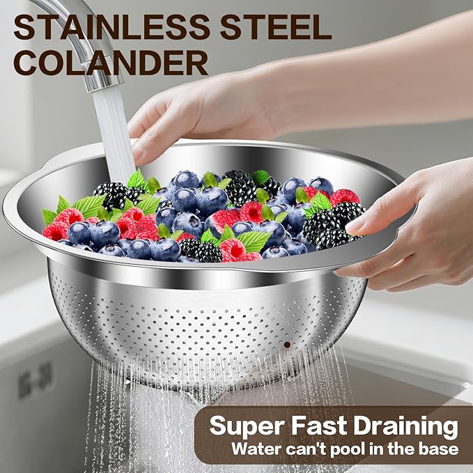 Stainless Steel Colander for Kitchen, Stainless Steel Strainer, Pasta Strainer for Spaghetti Fruit Vegetable Cooking Food, 3 Pcs Strainers and Colanders(2QT, 3QT, 5QT), Dishwasher Safe, Christmas Gift