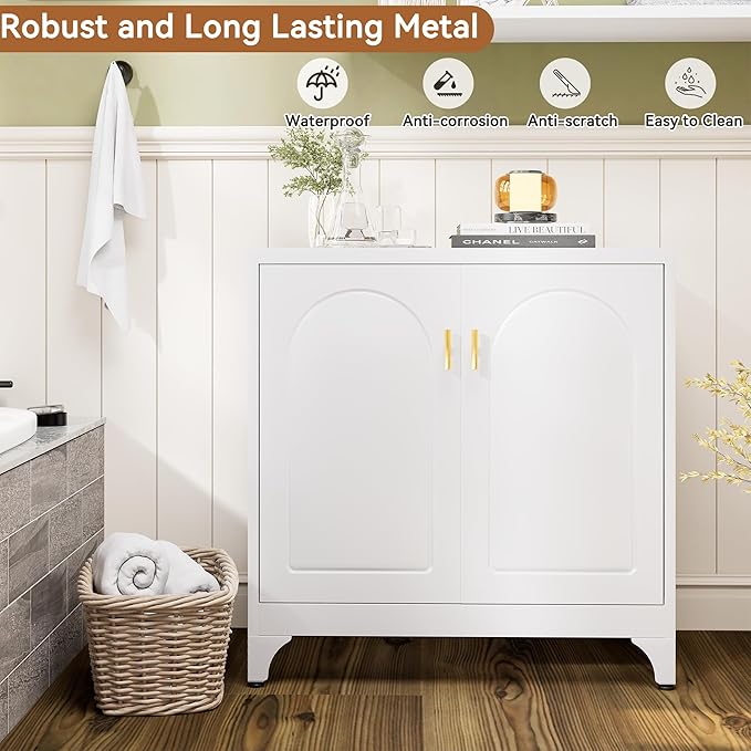 Buffet Cabinet with Storage, 33" H Side Board Storage Cabinet with Doors and Shelves, Metal Sideboard Cabinets for Dining Room, Living Room, White